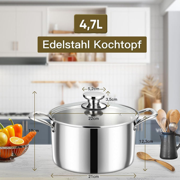 Onader Kochtopf, 3-Lagen Edeastahl Topf Induktion, 5L Kochtöpfe Nudeltopf Suppentopf mit Glasdeckel
