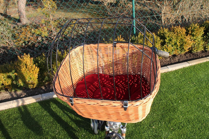 Marcus-Hundefahrradkorb für Fahradlenker aus Weide mit Metallgitter und Kissen XL oder XXL Natur Wei