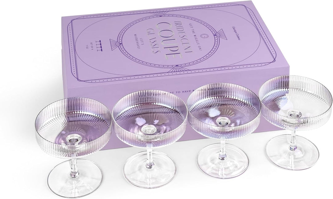 GLASSIQUE CADEAU Vintage Art Deco Schillernde Gerippte Coupe Gläser | 4er Set | 200 ml Regenbogen Co