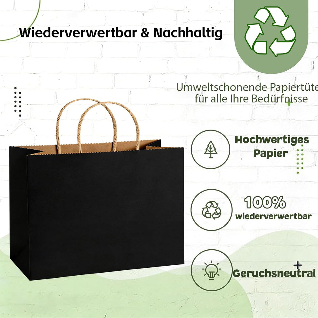Weifeng 20 Stück Papiertüten Gross 30x12x23cm, Schwarz Papiertragetasche Kraftpapiertüten mit Henkel