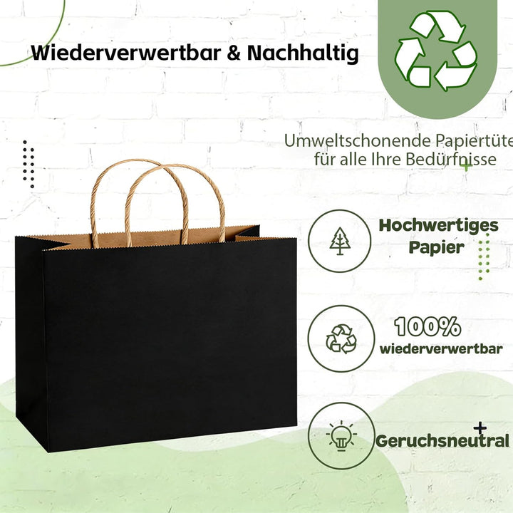 Weifeng 20 Stück Papiertüten Gross 30x12x23cm, Schwarz Papiertragetasche Kraftpapiertüten mit Henkel