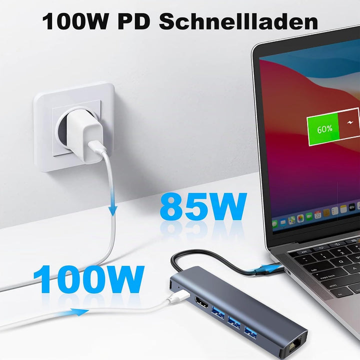 USB C Hub Ethernet 6 in 1, 4K HDMI, LAN RJ45 1000Mbp,PD100W, 3*USB A 3.0 5Gbps Docking Station USBC