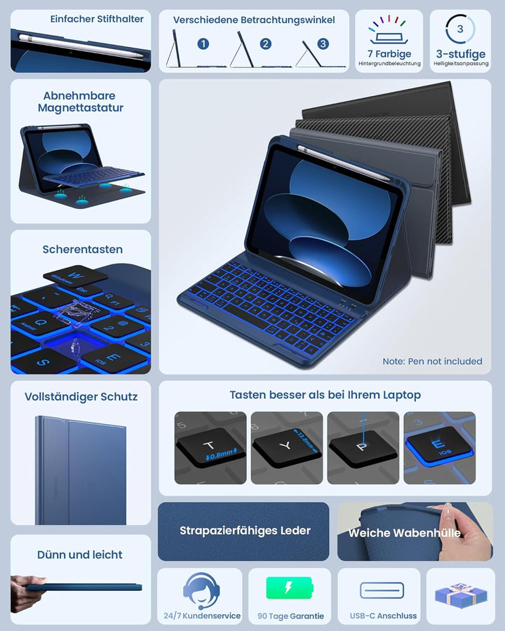 typecase Hülle mit Tastatur für iPad A16 11/10 Generation((2025/2022, 11/10.9 Zoll),7-farbige Beleuc