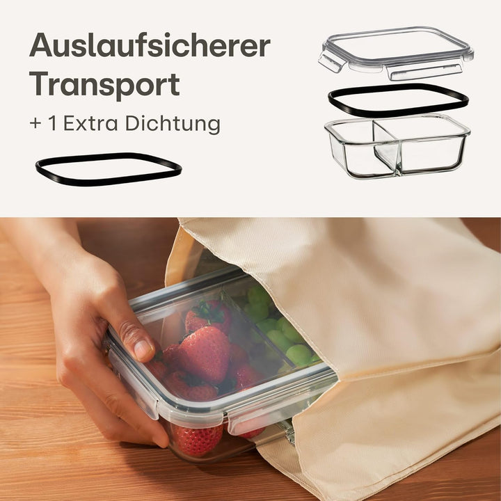 Meal Prep Boxen Glas 2 Fächer - 4er Set Glass Meal Prep Containers 1l - Luftdicht - Geeignet für Spü