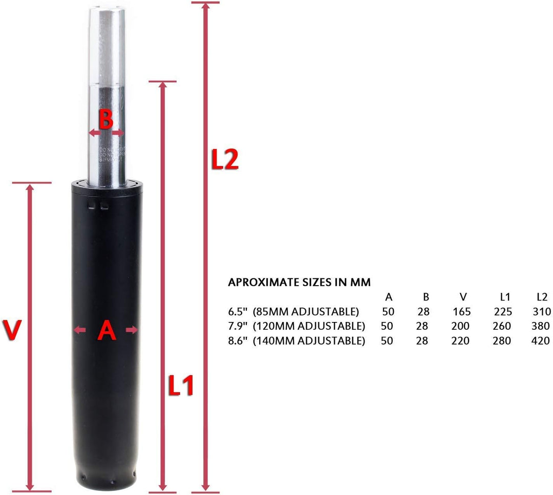 TUKA Gasdruckfeder Gaslift für Bürostuhl, Gesamtlänge 225mm - 310mm, Kolben Länge 6,5" / 165mm Ersat