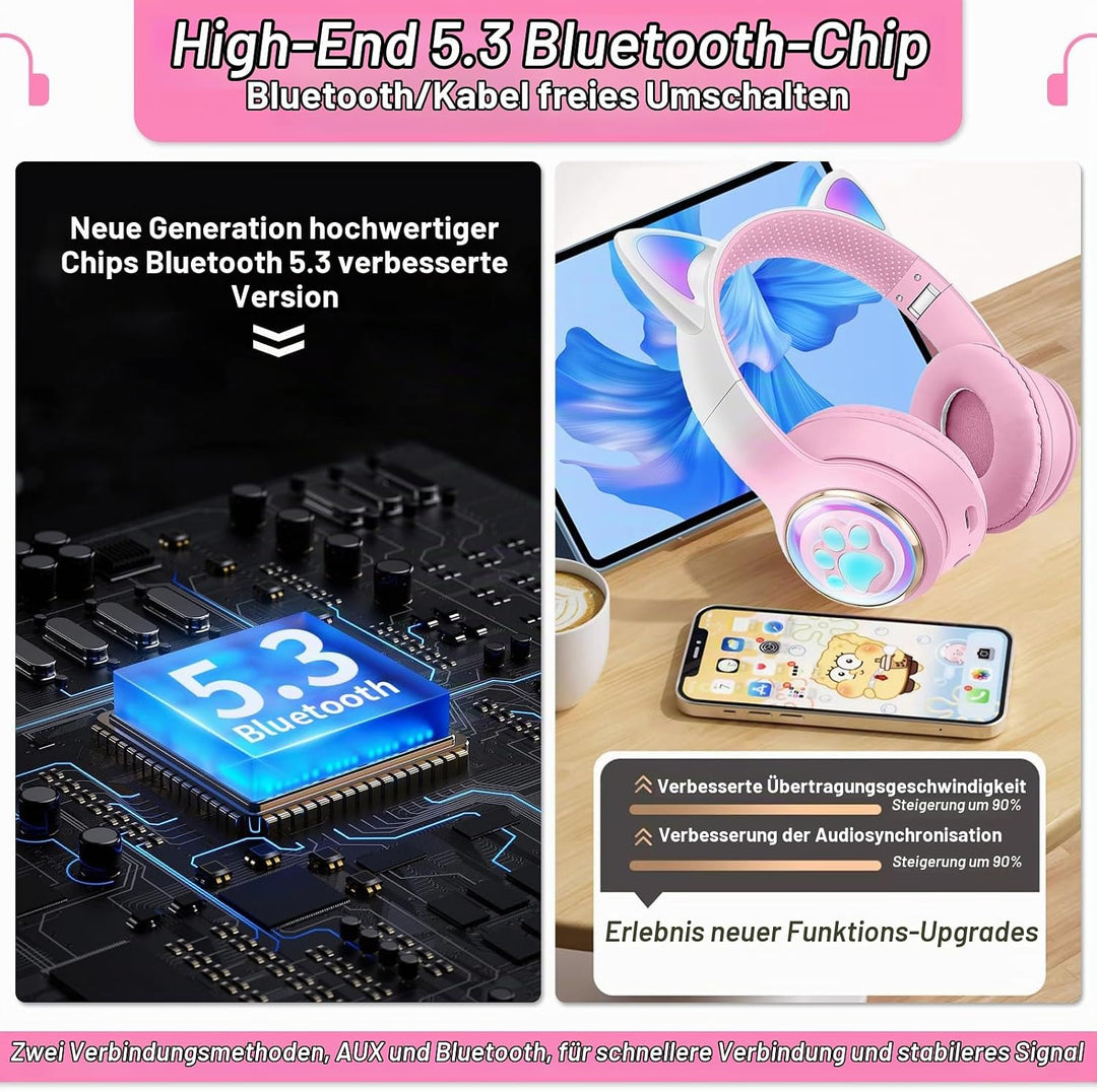 Katzenohr Kopfhörer Kindergeburtstag Geschenke Kind LED Katzenohren Farbgradient Kabellose Bluetooth