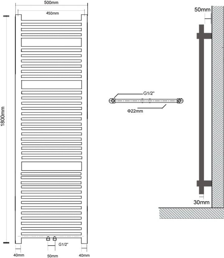 500 x 1800 mm Anthrazit mittelanschluss Badheizkörper handtuchhalter Heizkörper Handtuchwärmer Handt