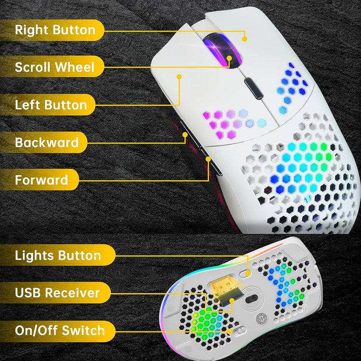 XZXWZX Kabellose Gaming-Maus mit Wabenstruktur, 11 Hintergrundbeleuchtung, RGB Chrom, 3.400 DPI, 6 p