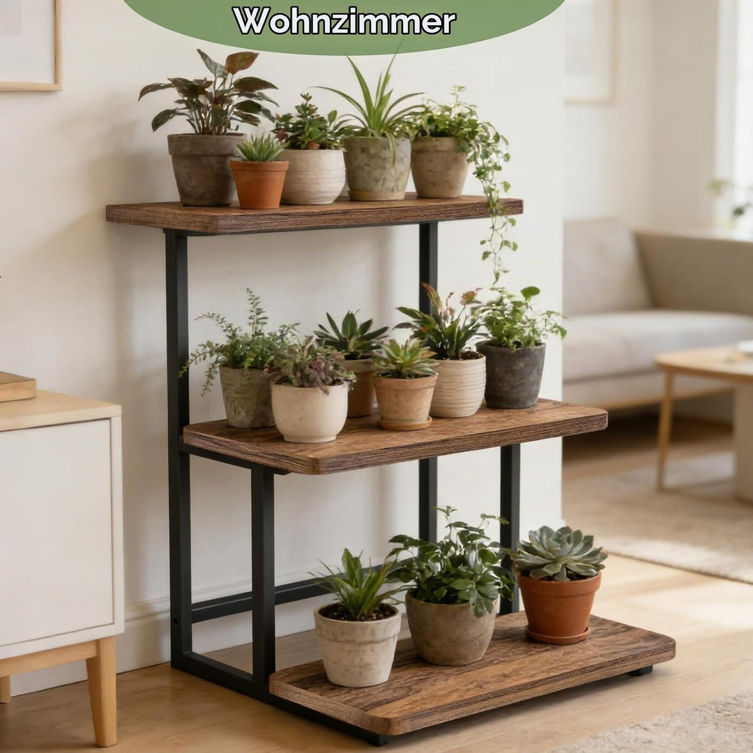 Blumenregal 3-stufig, stabil Pflanzenständer Holz und Metall, innen aussen Blumenleiter für Wohnzimm