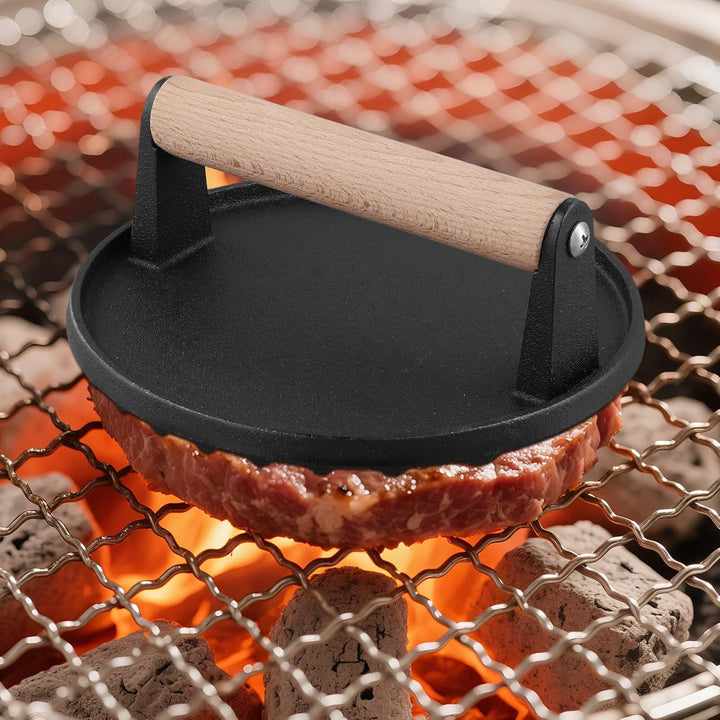 FUNSUEI 2er Set Burgerpresse Gusseisen 17,5 cm, 1KG Burger Smasher mit Holzgriff, Schwarz Rund Grill