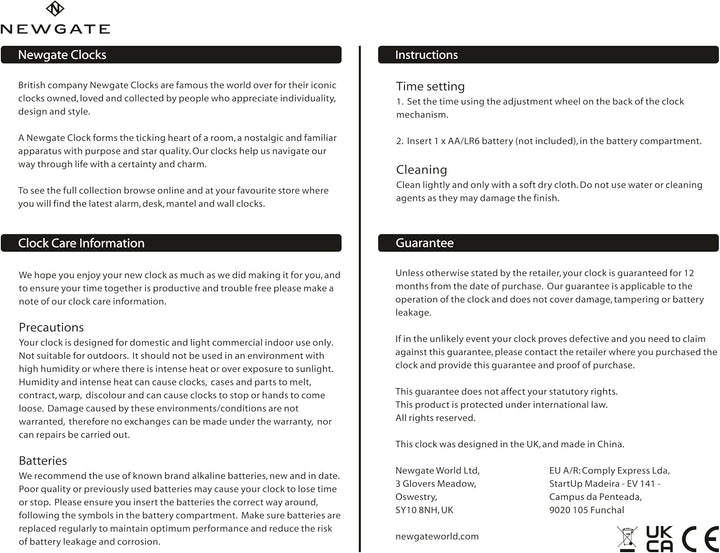 NEWGATE® Broadway Kaminsims Uhr | Klassisches Design des napoleonhutes | Schwarz | Römische ziffern