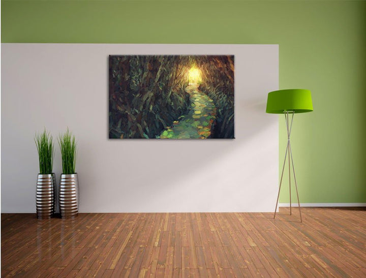Pixxprint Gehweg im Wald / 100x70cm Leinwandbild bespannt auf Holzrahmen/Wandbild Kunstdruck Dekorat