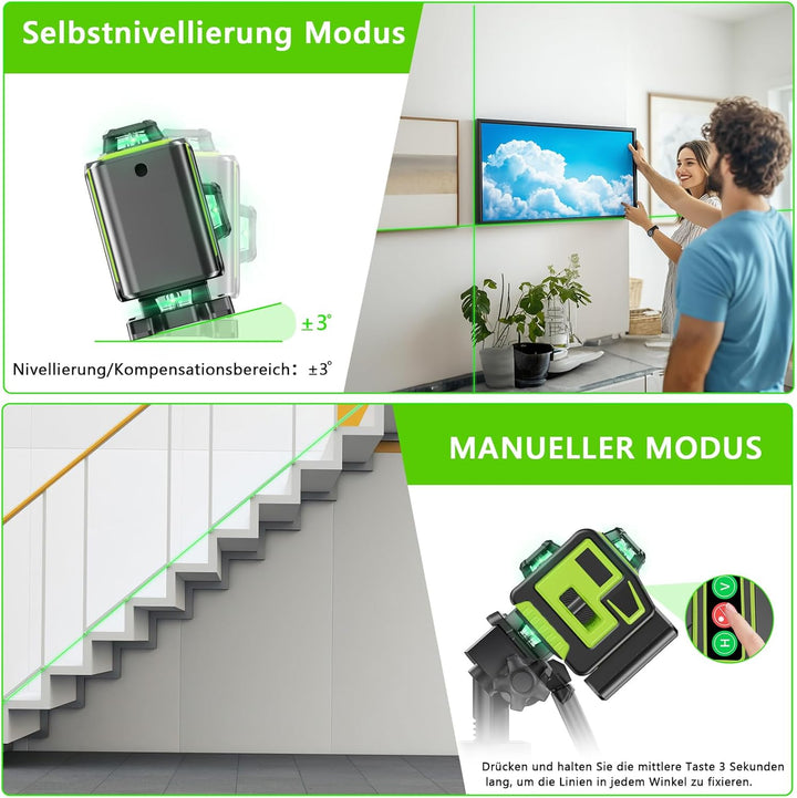 Kreuzlinienlaser Grün 16 Linien Nivellierlaser, 4 x 360 ° Laser Wasserwaage, Linienlaser Kreuzlaser