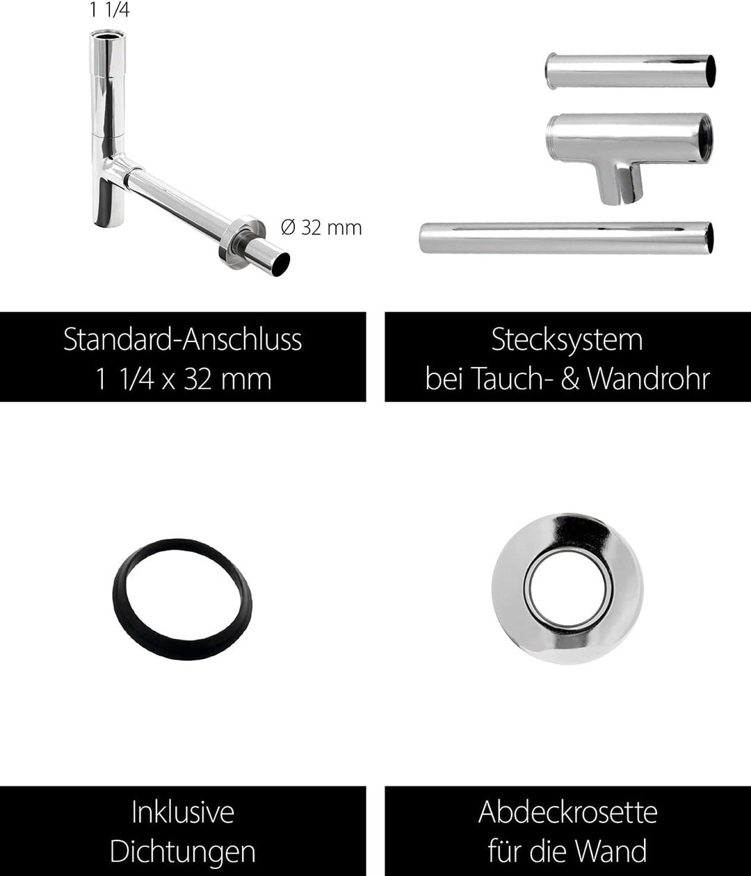 'aquaSu® Design Siphon Luxus | Flaschensiphon in 1 1/4 x 32 mm | Reinigungsöffnung | chrom | Geruchs