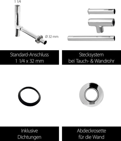 'aquaSu® Design Siphon Luxus | Flaschensiphon in 1 1/4 x 32 mm | Reinigungsöffnung | chrom | Geruchs