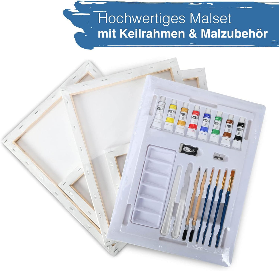 Artina 25tlg. Premium Malset Lisbon mit Tischstaffelei - Künstler Acrylfarben Set mit Keilrahmen Set