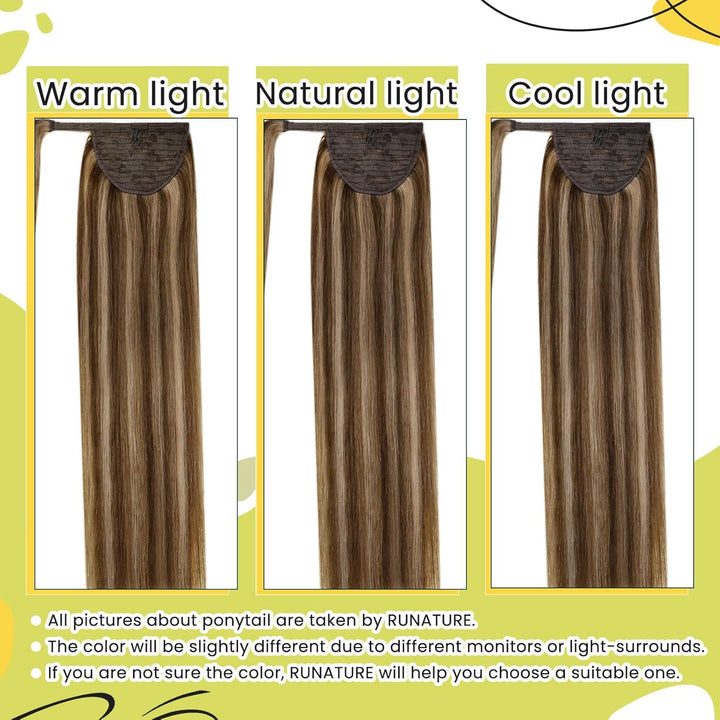 RUNATURE Zopf Extensions Echthaar Braun mit Blond Haarverlängerung Zopf Echthaar Braun Glatt Ponytai