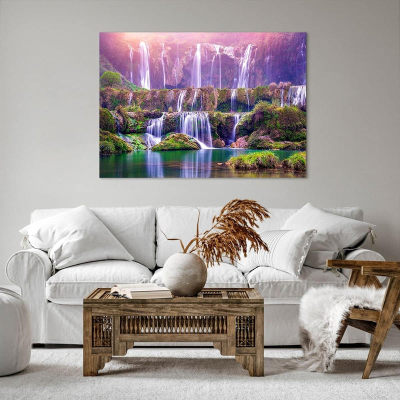 Bilder auf Leinwand 100x70cm Leinwandbild mit Rahmen Wasserfall Natur Gross Wanddeko Bild Schlafzimm