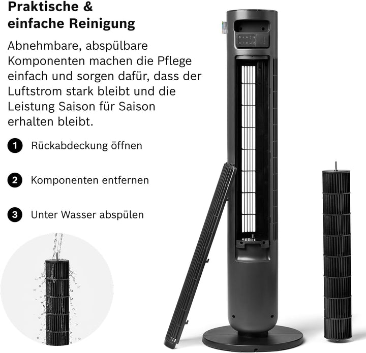 Bosch Tower Fan 6000, Leiser Turmventilator, Midnight Grey | Mit Fernbedienung, 12 Geschwindigkeitss