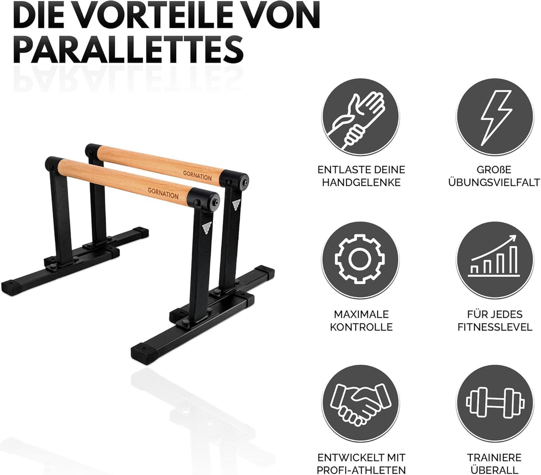 GORNATION Parallettes, inkl. Grip Tape, Calisthenics Equipment für Handstand & Push Ups, Liegestützg