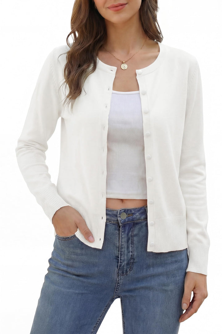 VOTEPRETTY Leichter Strickjacke Damen Cardigan Kurzarm/Langarm Sommer Solid Top Langarm S Beige, Lan