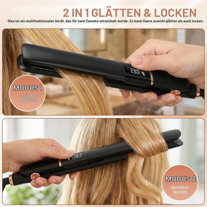2 in 1 Glätteisen Locken und Glätten, Haarglätter mit LCD Display, 5 Temperaturstufen 150–230°C, Ext
