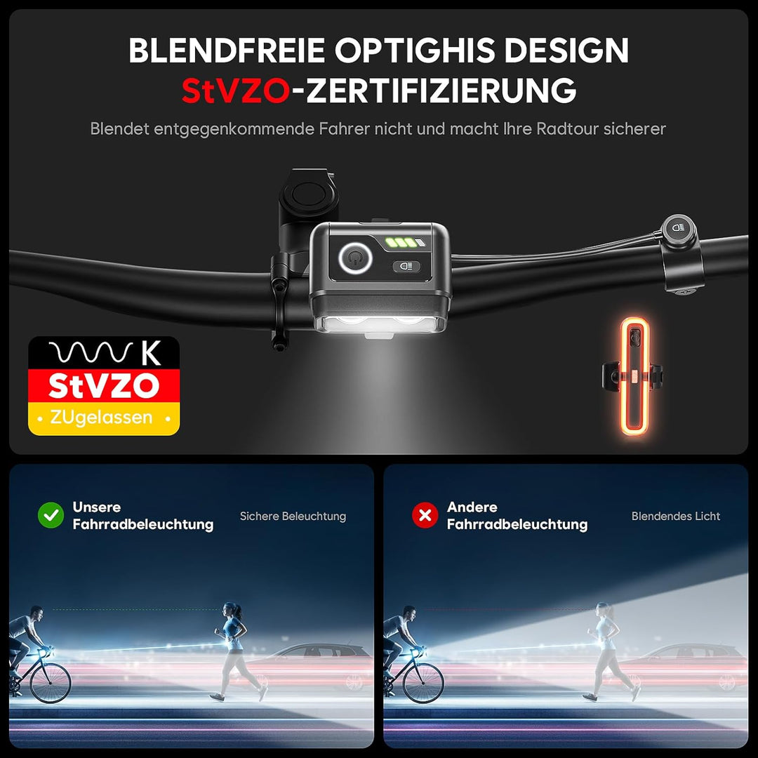 Fahrradlicht Set, 100LUX, Mit Sensorbremse und Fernlichtfunktion, 3200mAh Akku, StVZO zugelassen, Ty