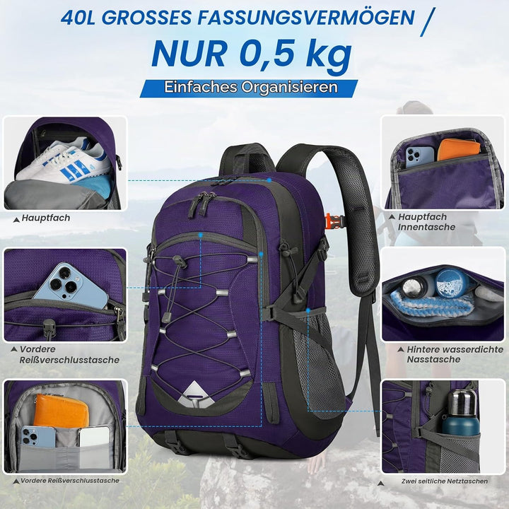 IGOLUMON Wanderrucksack Herren Damen 40L Wasserdichter Rucksack Leicht Faltbarer Reiserucksack Trekk