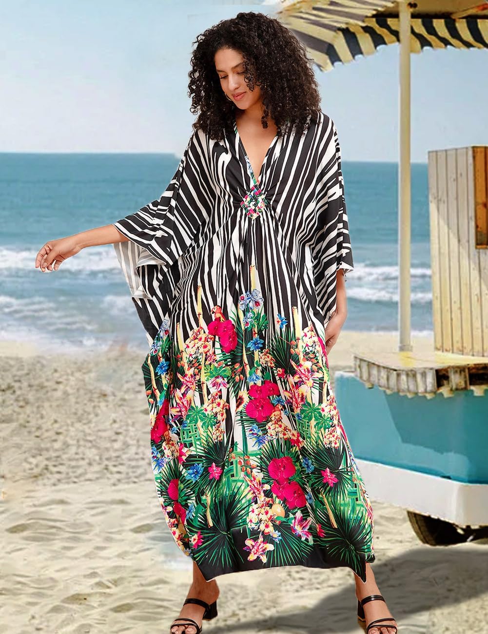 Damen Kaftan Strandkleid Boho Floral Lange Übergrösse Pareos Lose Kimono Sommer Tunika Maxikleid Far