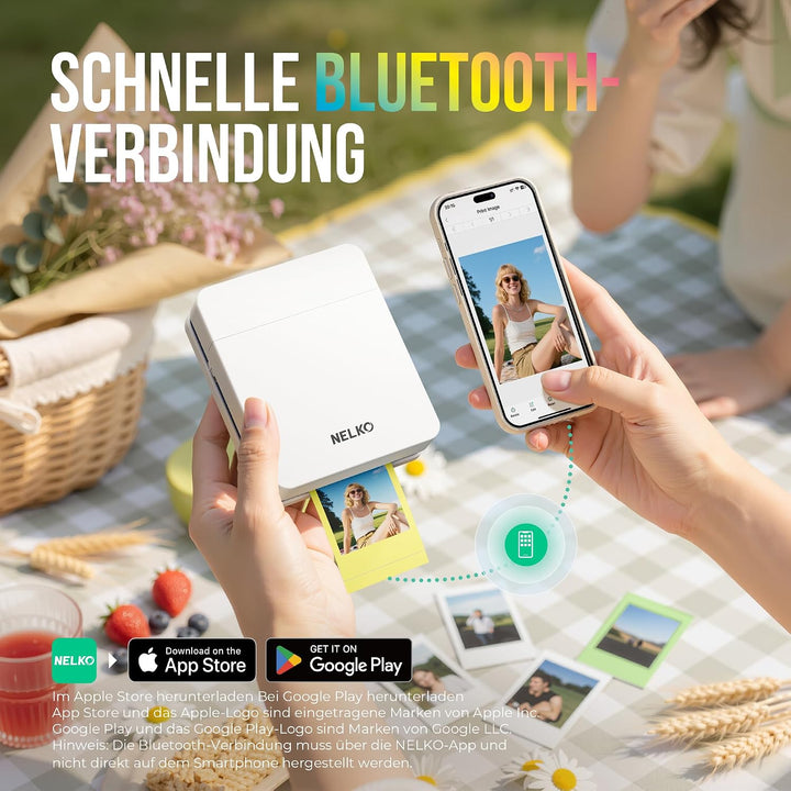 Nelko Fotodrucker PP01 Farbe Tragbarer Mini Fotodrucker für Smartphone mit 20 Fotopapier, Tintenstra