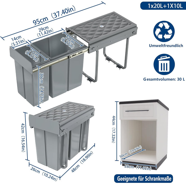 Grau 1 x 20L + 1 x 10L Einbaumülleimer Mülltrennsystem Ausziehbar Mehrfachbehälter Abfallsammler Sch