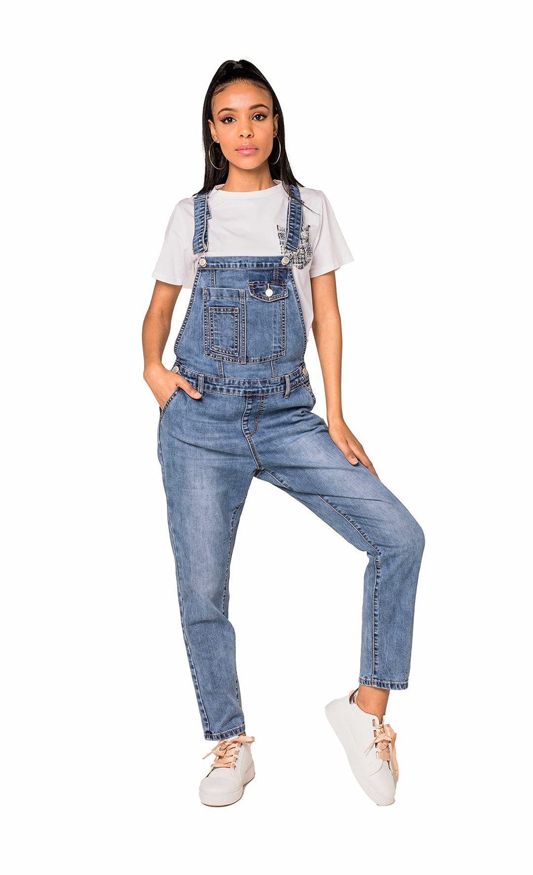 Nina Carter Damen Latzhose Jeans Boyfriend Denim Overall Jumpsuit Used-Look Sommeroverall, Blau (S51