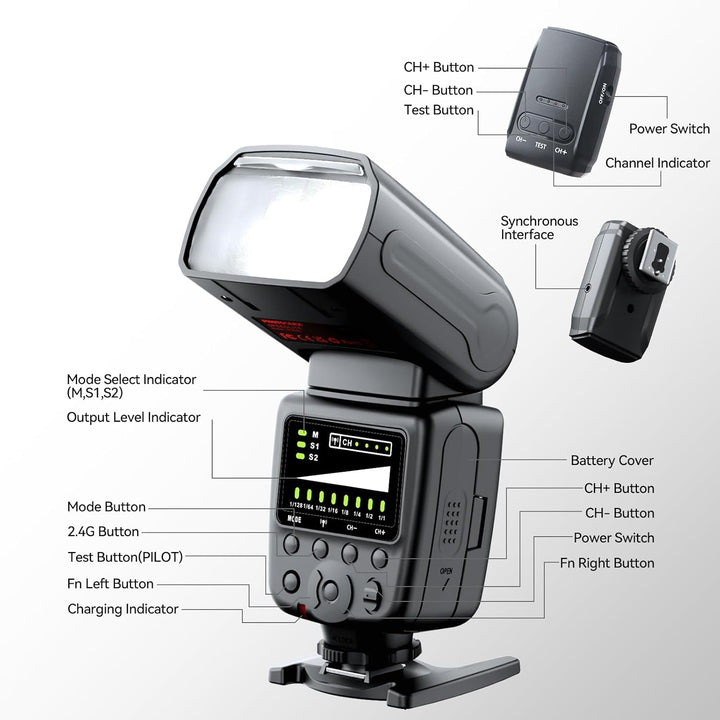 PHOTOOLEX 2.4G Blitz Flash Speedlite mit Drahtloser Auslöser für Canon Nikon Sony Panasonic Olympus