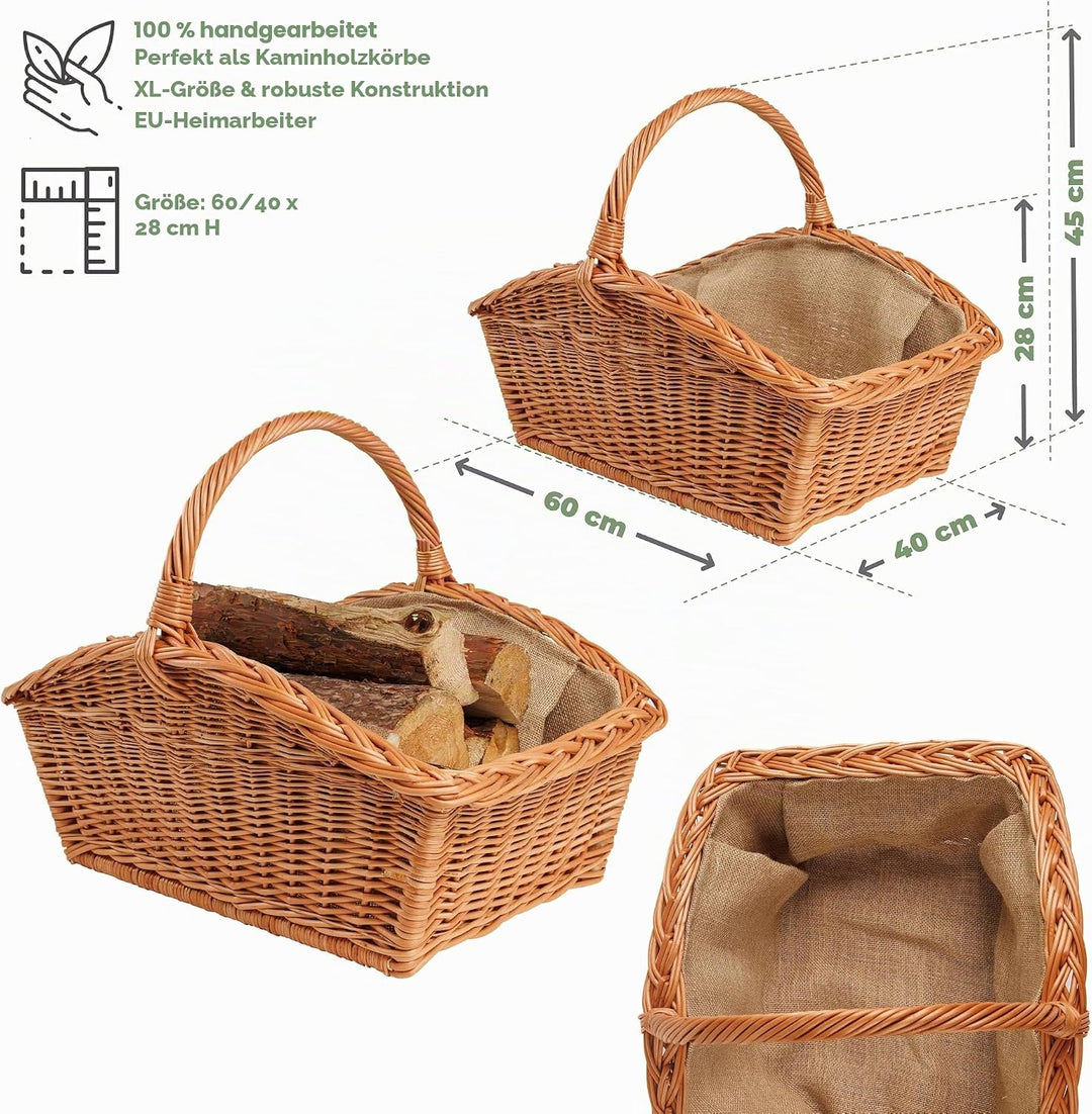 BOGATECO Weidenkorb mit Henkel, rechteckig | Kaminkorb 60x40x28 | Handgewebt, massiv | Holzkorb mit