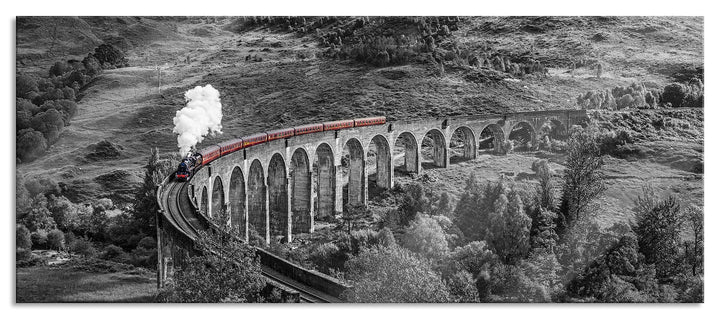 Glasbild Panorama | Wandbild aus Echtglas | Eisenbahnviadukt in Schottland | 100x40 cm | inkl. Aufhä