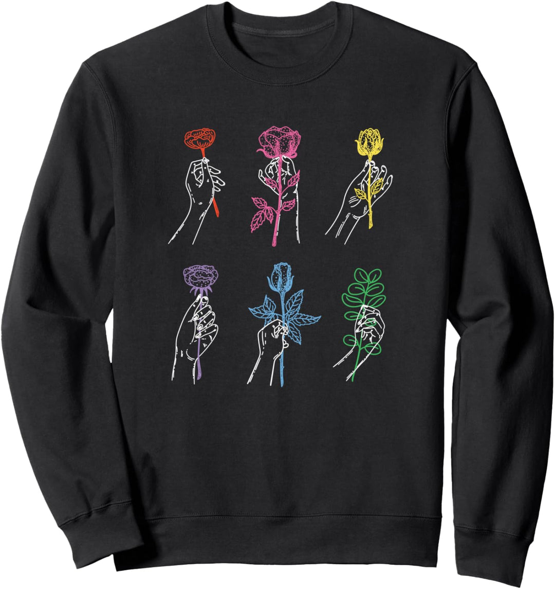 Ästhetisch Minimale Linienzeichnung Hände Rosen Regenbogen Sweatshirt