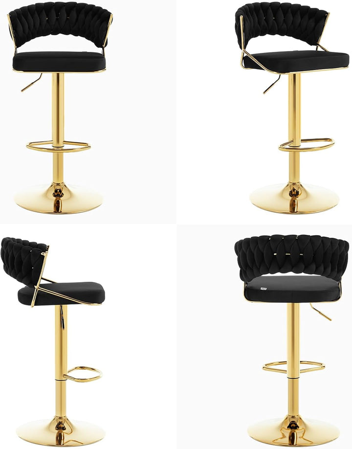 WOLTU Barhocker 2er Set, mit geflochtener Rückenlehne, Samthocker, Schwarz | Barstuhl 360° drehbar,