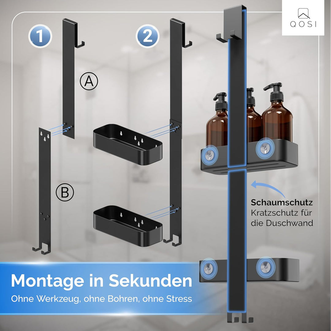 QOSI Duschablage zum Hängen als Set Inkl. 3x Shampoo Flaschen Seifenspender | Duschregal mit 2 Dusch