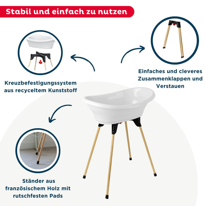THERMOBABY - Babybadewanne-Set – Vasco – Badewanne, Fuss aus Holz & Ablaufschlauch – patentierte Inn