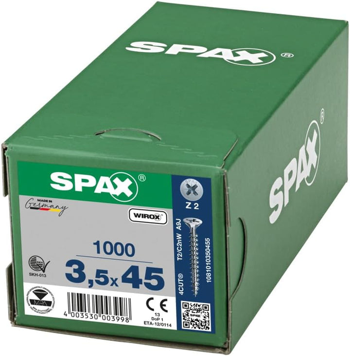 SPAX Universalschraube, 3,5 x 45 mm, 1000 Stück, Kreuzschlitz Z2, Senkkopf, Vollgewinde, 4CUT, WIROX
