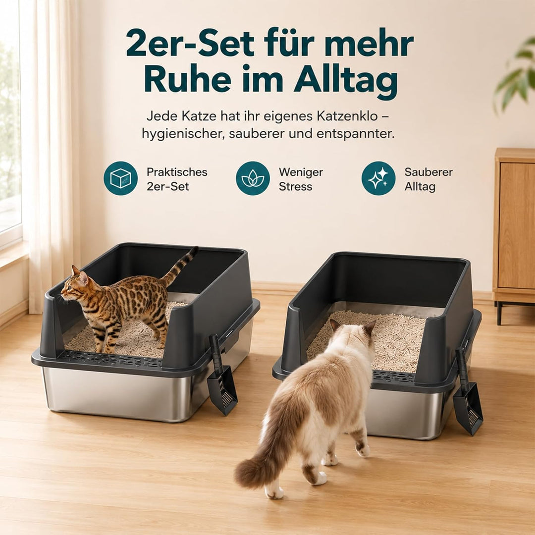 2er Set XXL Katzenklo Edelstahl 60×40×30 cm (37 L) – hoher Rand offene Katzentoilette Edelstahl für