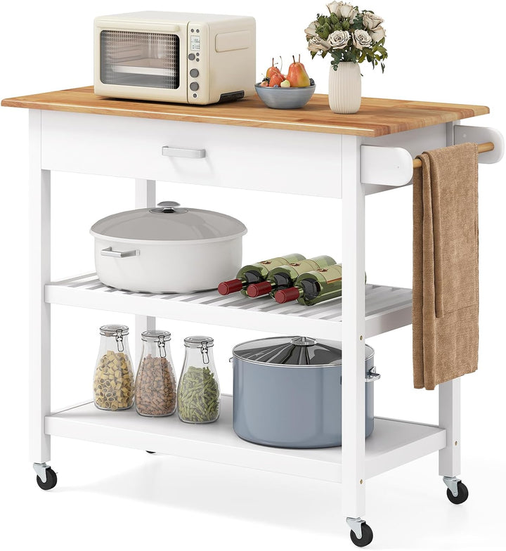 COSTWAY Küchenwagen, Mobile Kücheninsel mit Arbeitsplatte, 3-stöckiger Küchenrollwagen mit 2 offenen