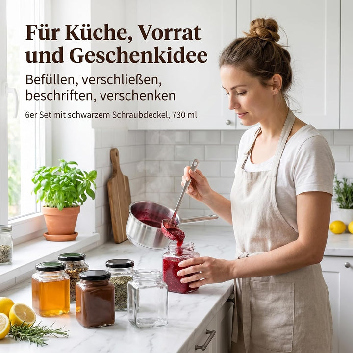gouveo 6er Set Einmachgläser 730 ml eckig mit Schraub-Deckel schwarz - Grosse Vorratsgläser mit Dreh