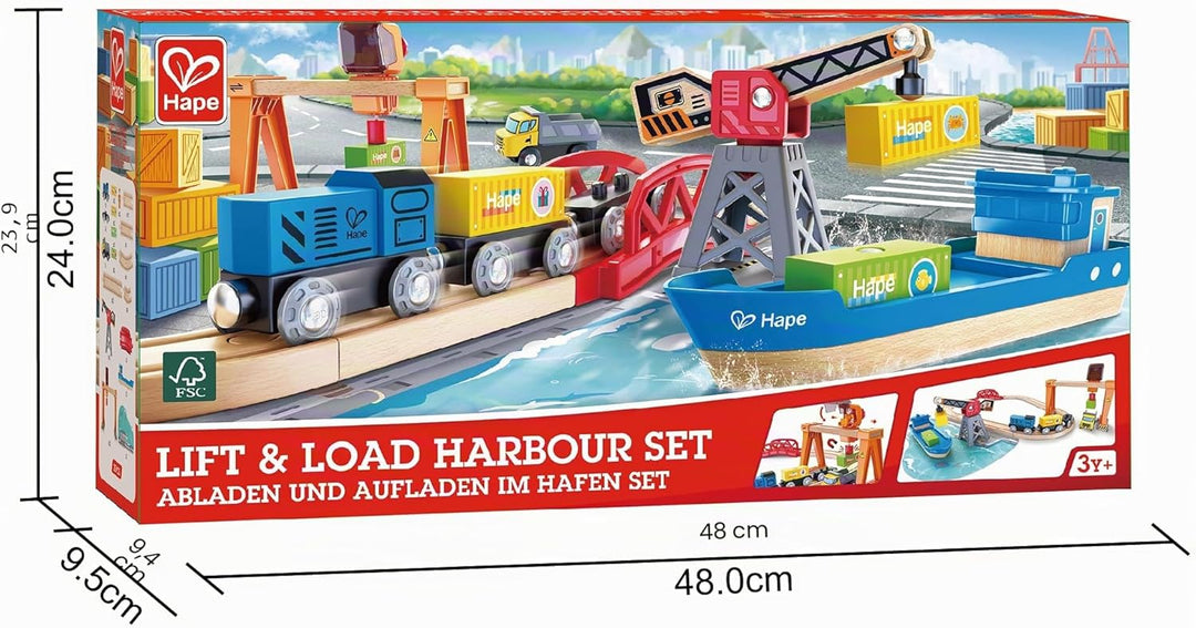 Hape Abladen und Aufladen im Hafen Set, Eisenbahn-Set, Schienen, Züge und Schiff, ab 3 Jahren