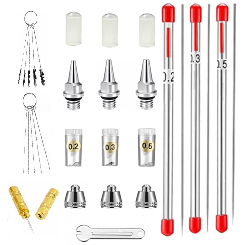 ABEST 24 Stück Airbrush Ersatzteile Set mit Düse, Nadel, Düsenkappe, Mini-Schlüssel, Kappenschutzhül