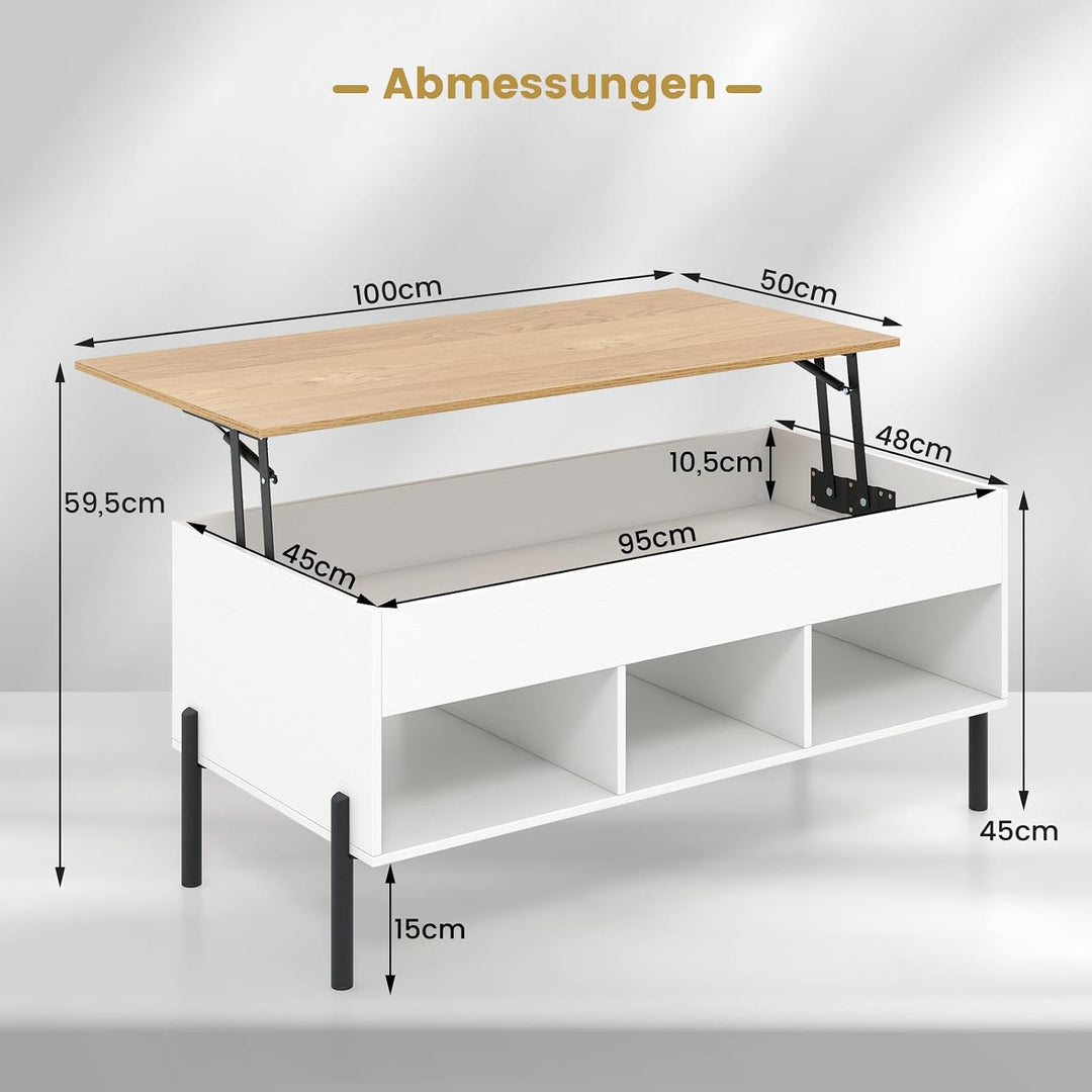COSTWAY Couchtisch Höhenverstellbar, Beistelltisch mit anhebbarer Tischplatte &amp; 3 offenen Fächern, W