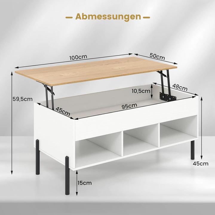 COSTWAY Couchtisch Höhenverstellbar, Beistelltisch mit anhebbarer Tischplatte &amp; 3 offenen Fächern, W