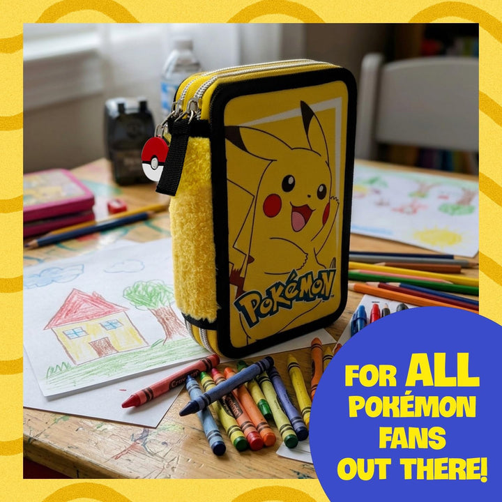 Pokémon Pikachu Federmäppchen mit Doppel-Fach – Komplettes Schulmäppchen mit Buntstiften, Filzstifte