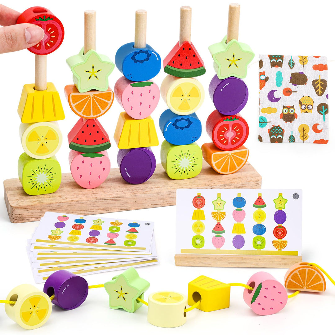 Montessori Spielzeug ab 2 3 4 5 Jahre: Holzspielzeug mit Steckspiel Fädelspiel Bausteinen Motorikspi