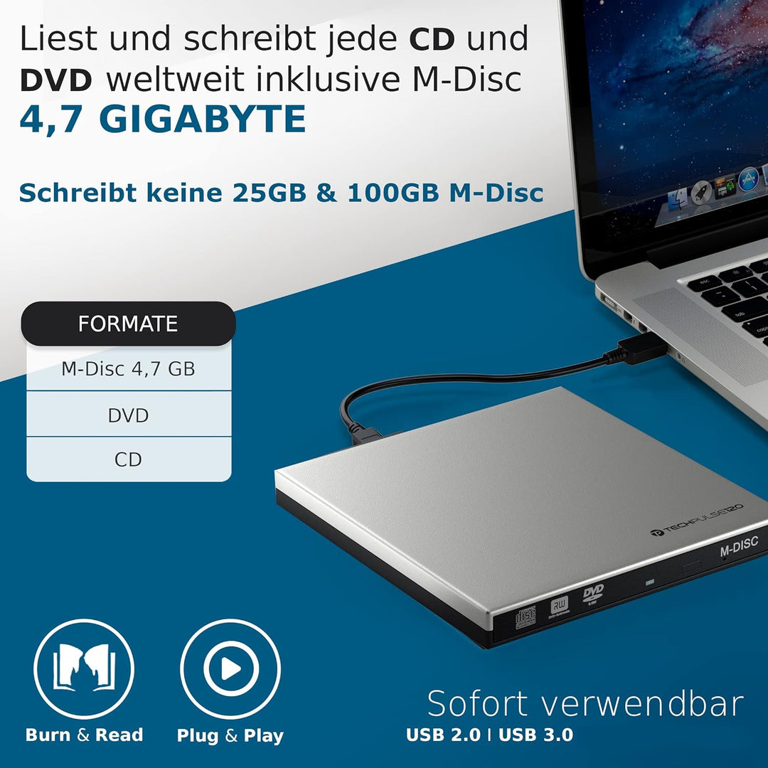 techPulse120 externer USB 3.0 DVD CD M-Disc Brenner Burner Laufwerk Slim SuperDrive DVDRW CDRW ROM f
